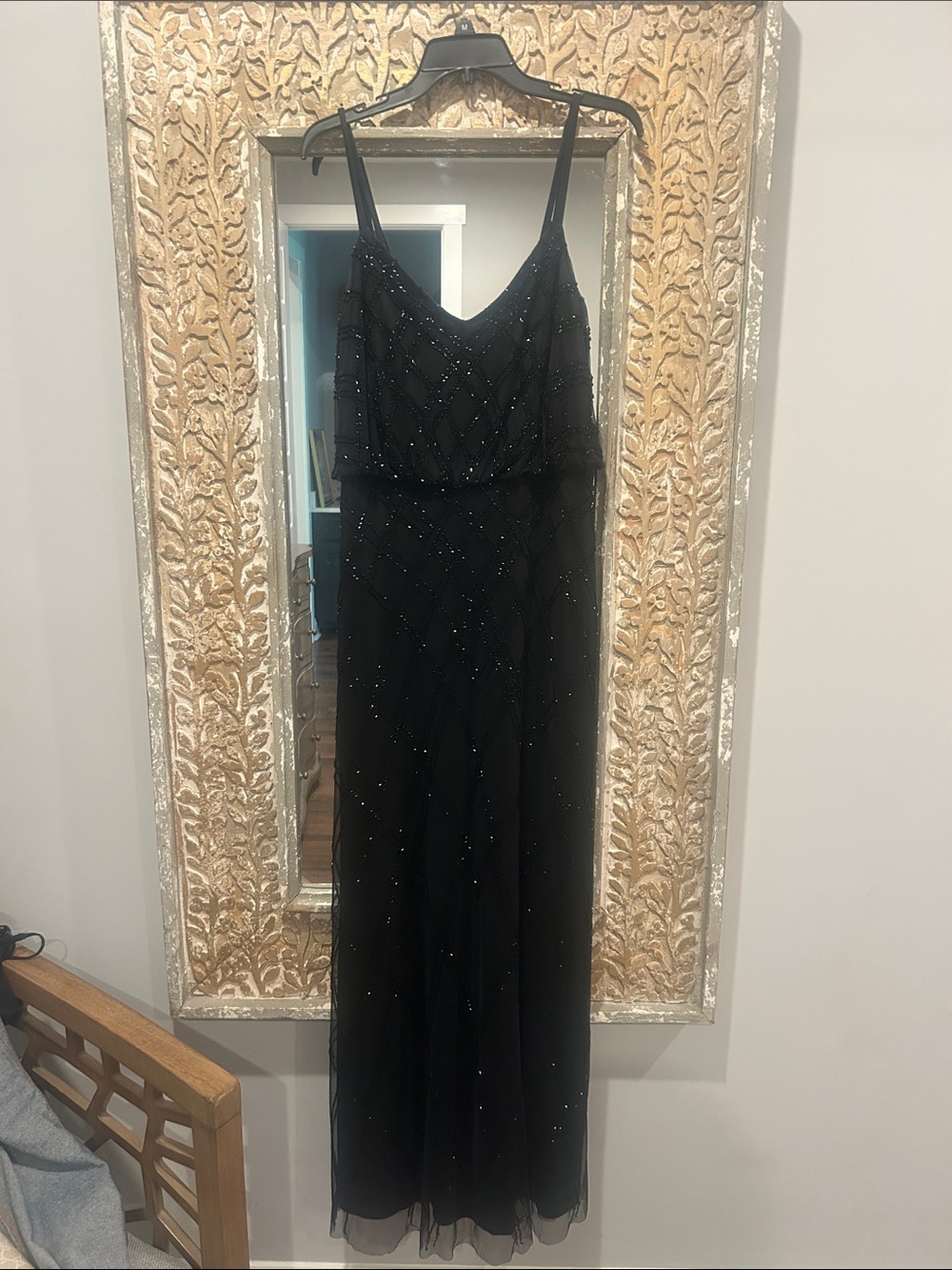 Adrianna Papell Black Beaded Spaghetti Strap Prom Dress - Picture 1 of 4
